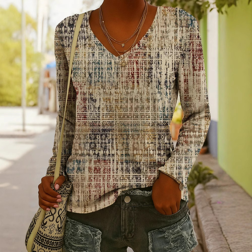 Fashionable Ethnic-Style Printed V-Neck Long-Sleeve T-Shirt 8 Fashionable Ethnic-Style Printed V-Neck Long-Sleeve T-Shirt - Image 8