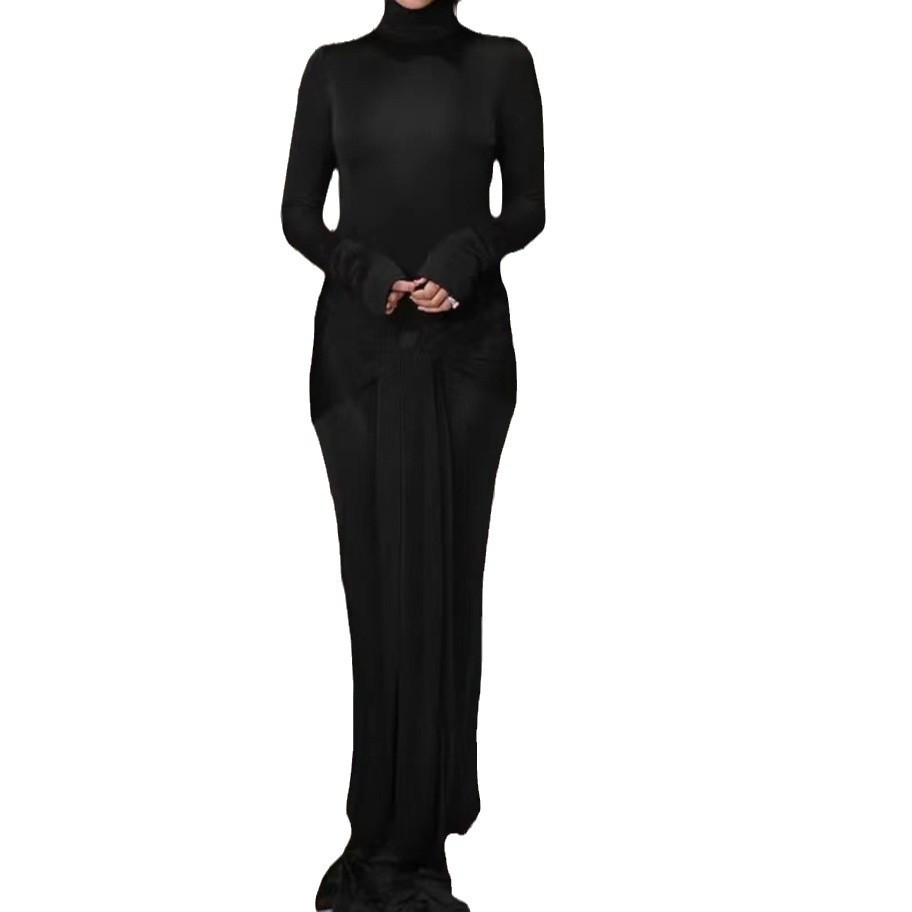 High Collar Solid Color European And American High-end Lace-up Design Dress 6 High Collar Solid Color European And American High-end Lace-up Design Dress - Image 6