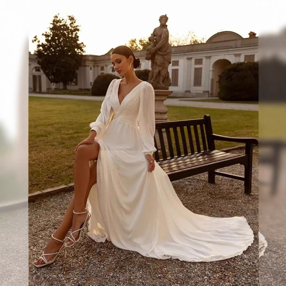 Bridal Chiffon Deep V Satin Long Sleeve Light Yarn Gown 5 Bridal Chiffon Deep V Satin Long Sleeve Light Yarn Gown - Image 5