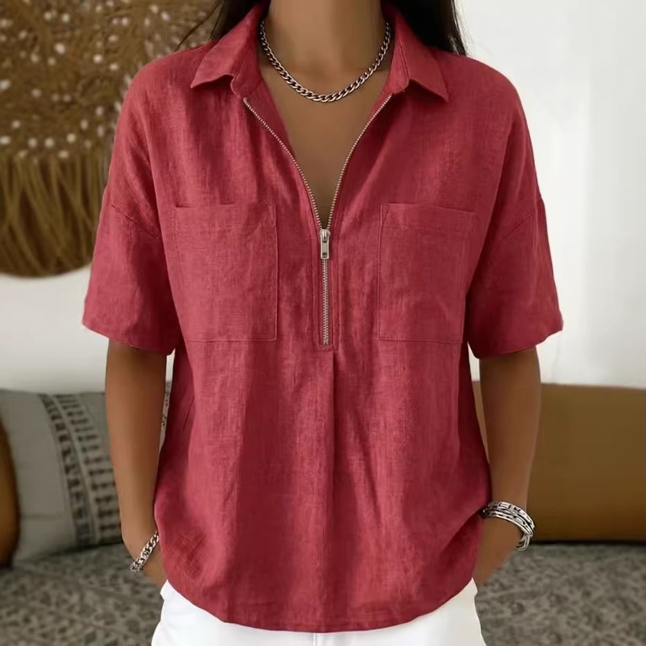 Loose-fit Lapel Short-sleeve Casual V-neck Zip-up Shirt 8 Loose-fit Lapel Short-sleeve Casual V-neck Zip-up Shirt - Image 8