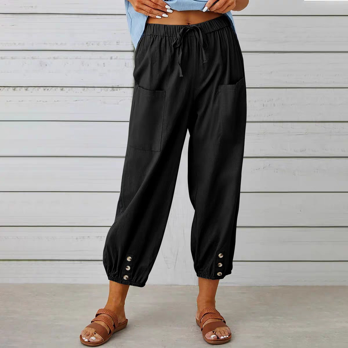Buttoned Two-tone Linen Cropped Harem Pants 9 Buttoned Two-tone Linen Cropped Harem Pants - Image 9