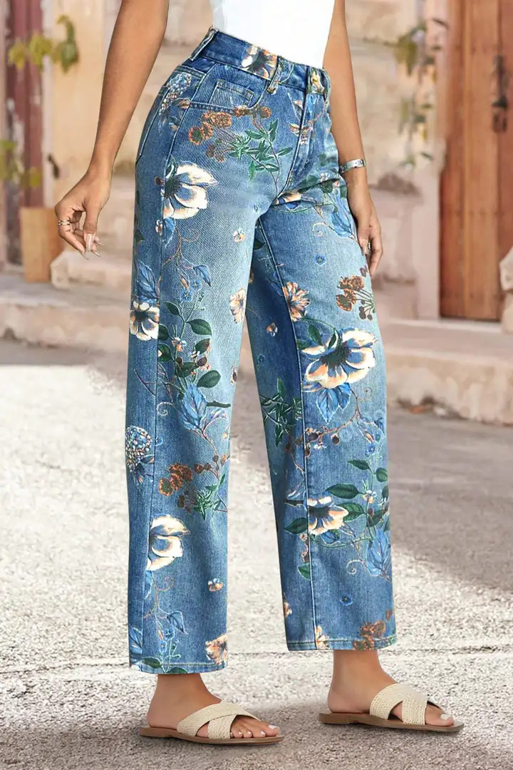 High Waist Straight Leg Jeans Vintage Floral Print Denim Pants 8 High Waist Straight Leg Jeans Vintage Floral Print Denim Pants - Image 8