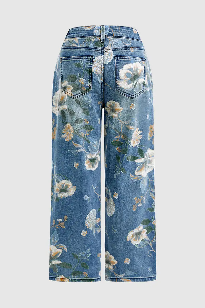 High Waist Straight Leg Jeans Vintage Floral Print Denim Pants 4 High Waist Straight Leg Jeans Vintage Floral Print Denim Pants - Image 4