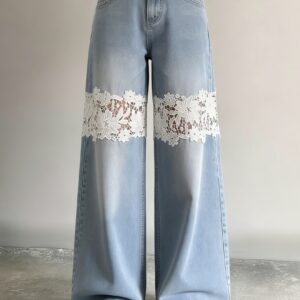 Women's Light Wash Lace Insert Wide Leg Jeans