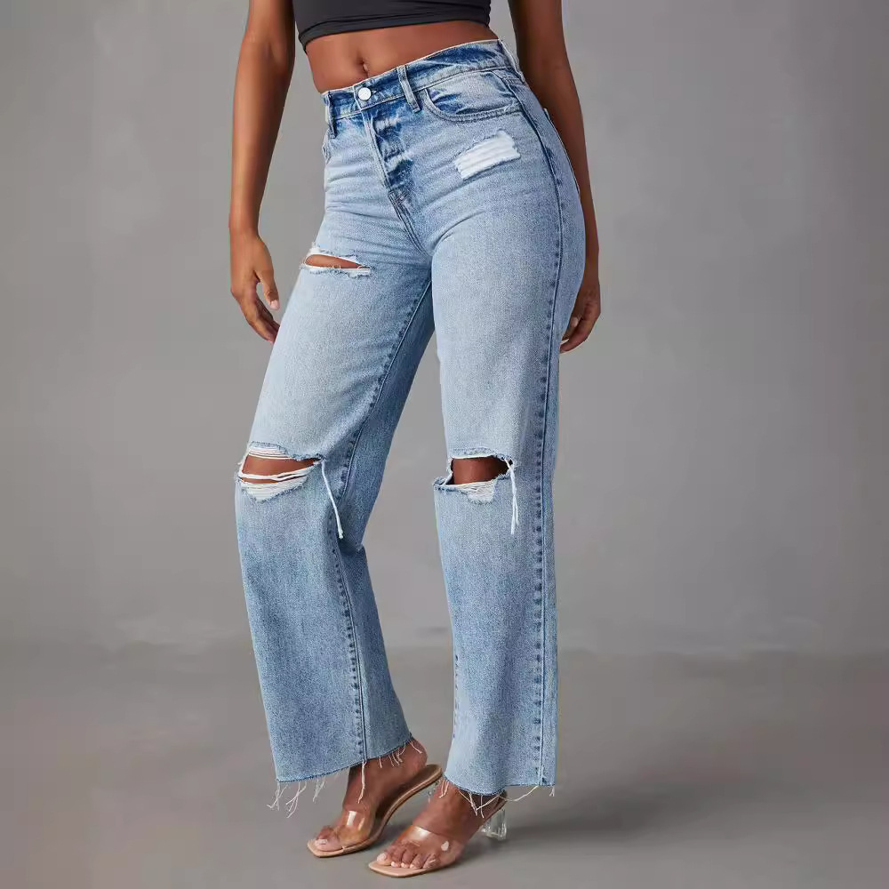 Ripped, Raw-Hem Denim Jeans Casual Washed Women's Straight-Leg Pants 2 Ripped, Raw-Hem Denim Jeans Casual Washed Women's Straight-Leg Pants - Image 2