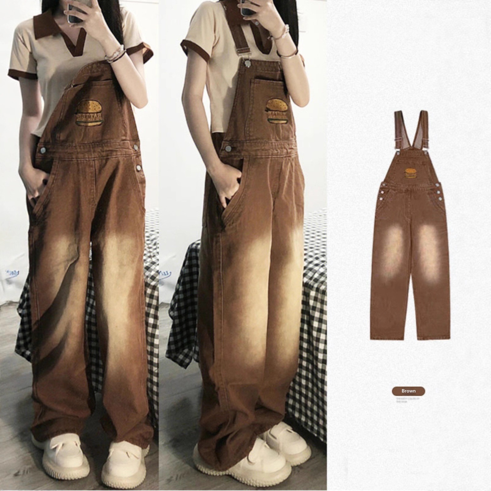 Youthful And Chic American-Style Burger Embroidery Denim Suspender Pants 6 Youthful And Chic American-Style Burger Embroidery Denim Suspender Pants - Image 6