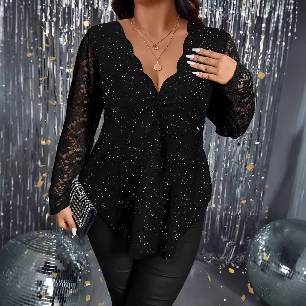 Loose Powder-Effect Elegant Lace V-Neck Long-Sleeve T-Shirt 6 Loose Powder-Effect Elegant Lace V-Neck Long-Sleeve T-Shirt - Image 6