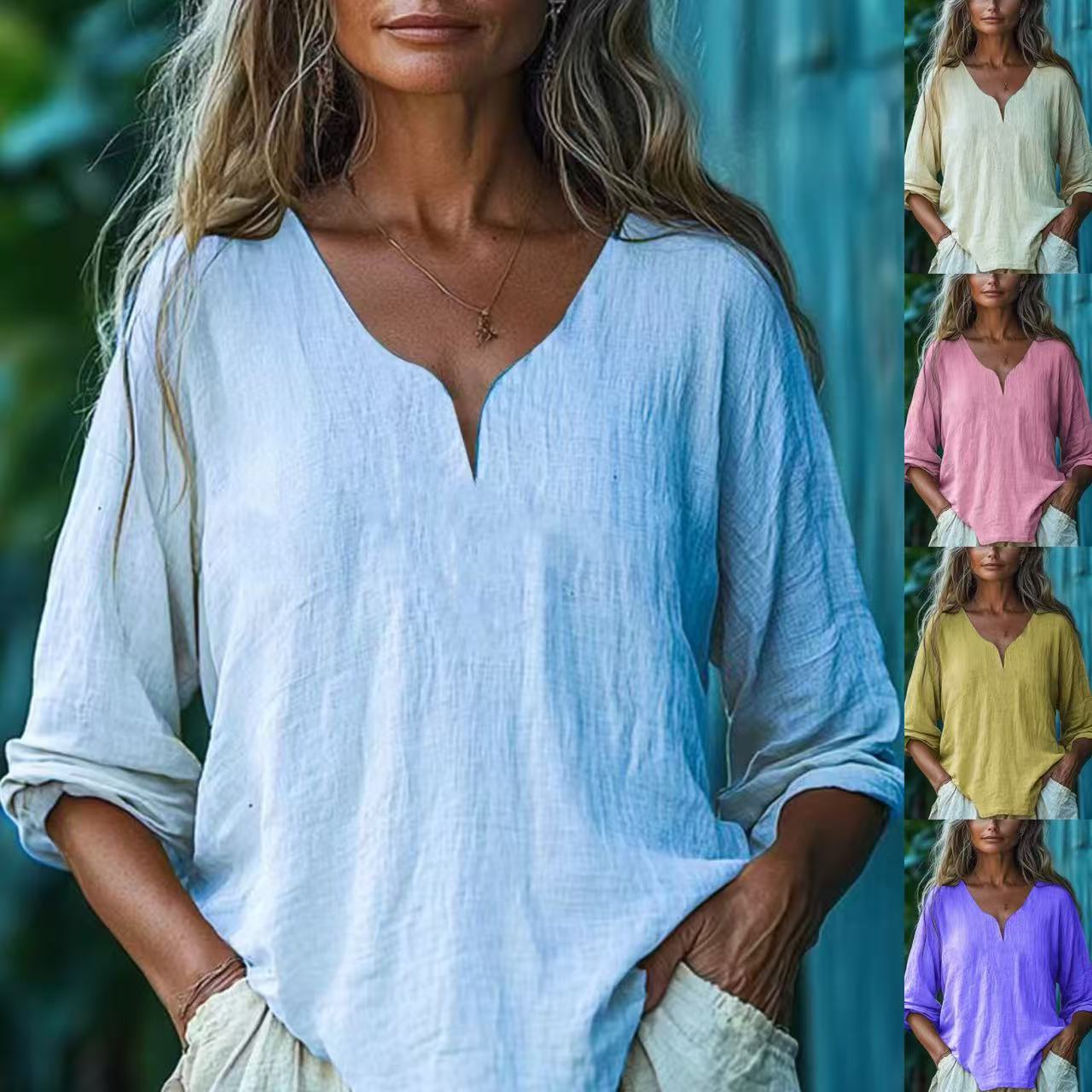 Casual Loose Fashion Cotton-Linen Long-Sleeve V-Neck Solid Color Top 1 Casual Loose Fashion Cotton-Linen Long-Sleeve V-Neck Solid Color Top