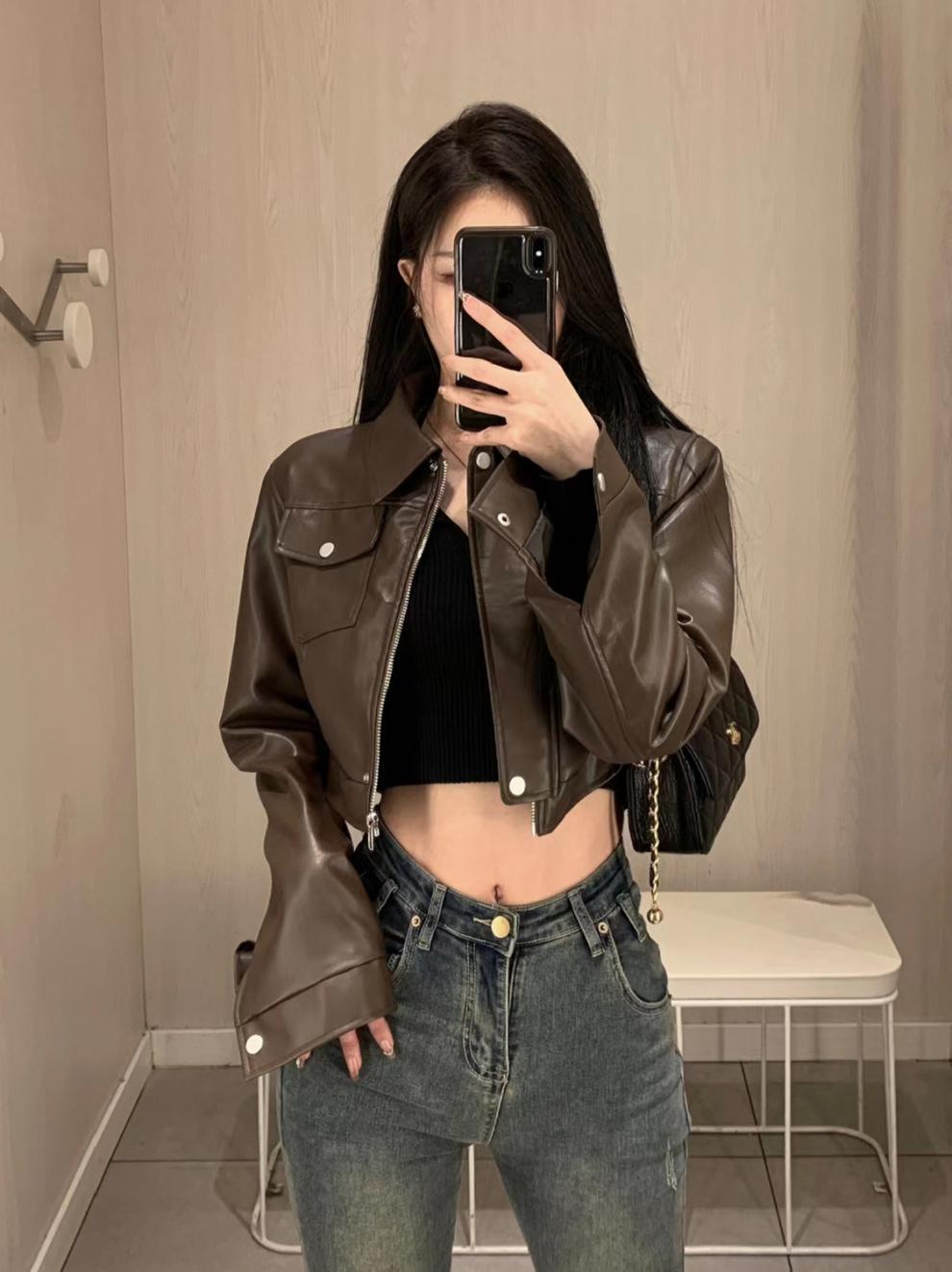 American Retro Sweet Cool Hot Girl Style Coffee Color Leather Coat Motorcycle Jacket Top 10 American Retro Sweet Cool Hot Girl Style Coffee Color Leather Coat Motorcycle Jacket Top - Image 10