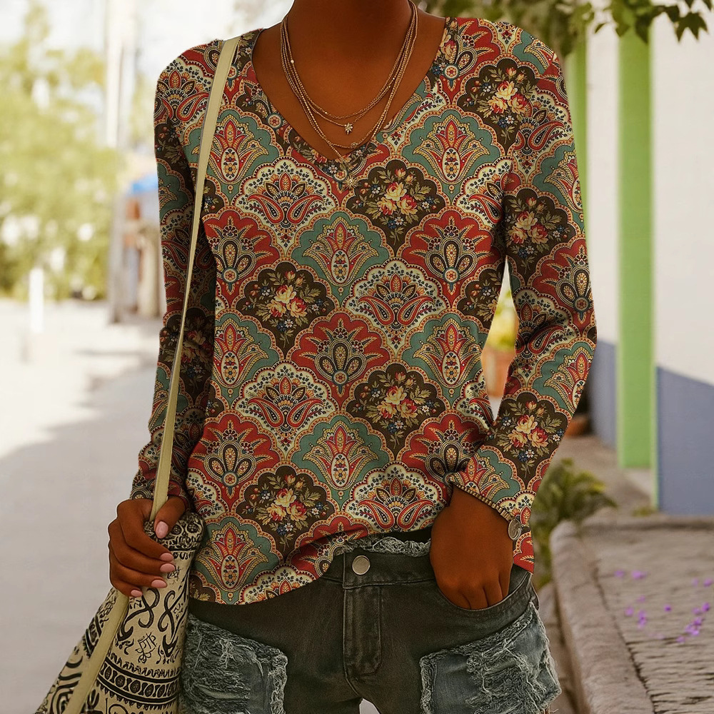 Fashionable Ethnic-Style Printed V-Neck Long-Sleeve T-Shirt 4 Fashionable Ethnic-Style Printed V-Neck Long-Sleeve T-Shirt - Image 4