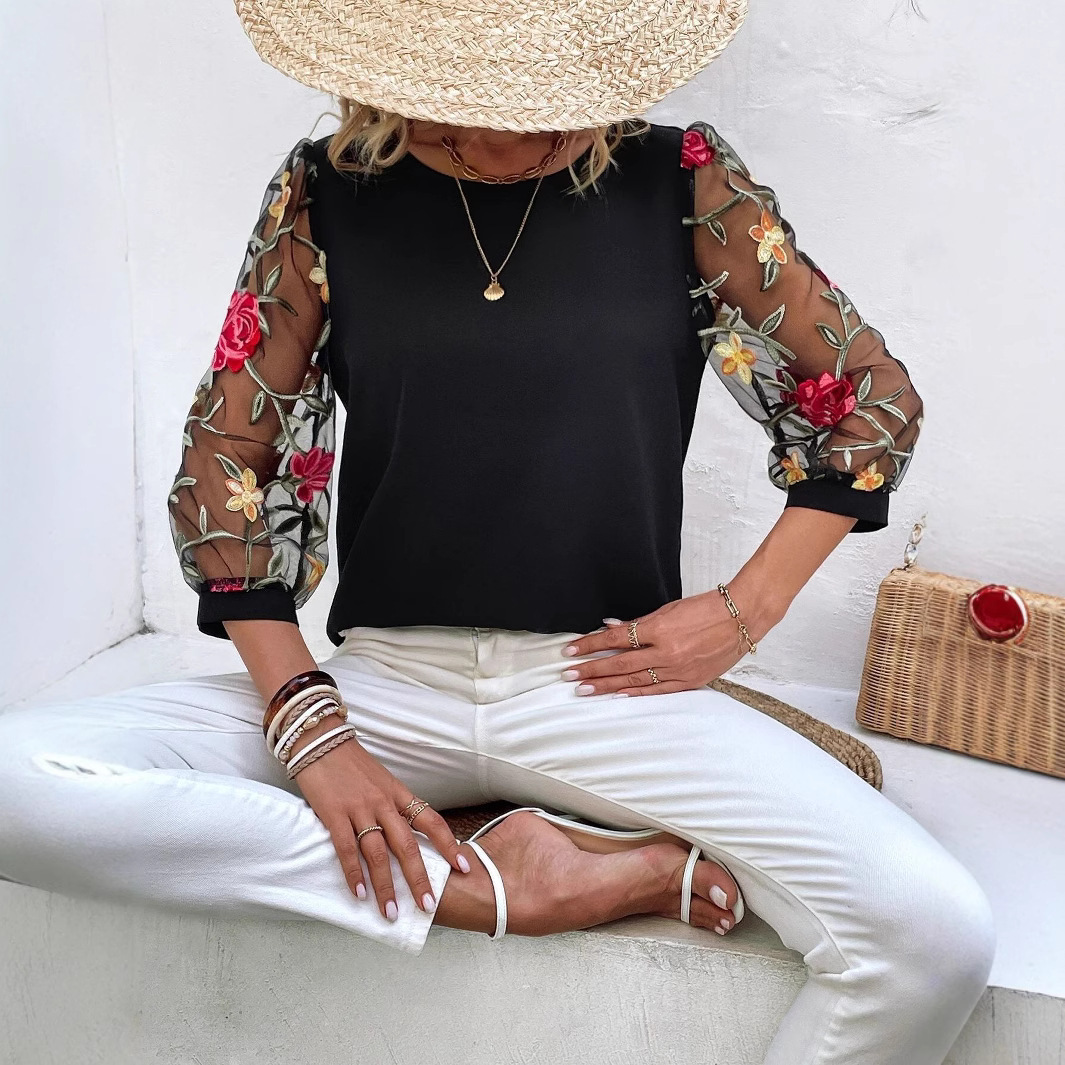 Women's Casual Mesh Black Patchwork Top 4 Women's Casual Mesh Black Patchwork Top - Image 4