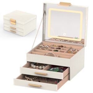 LED Jewelry Box Organizer with Mirror – 3-Layer Storage Case, Dimmable Lights, PU Leather with Drawers for Rings & Necklaces