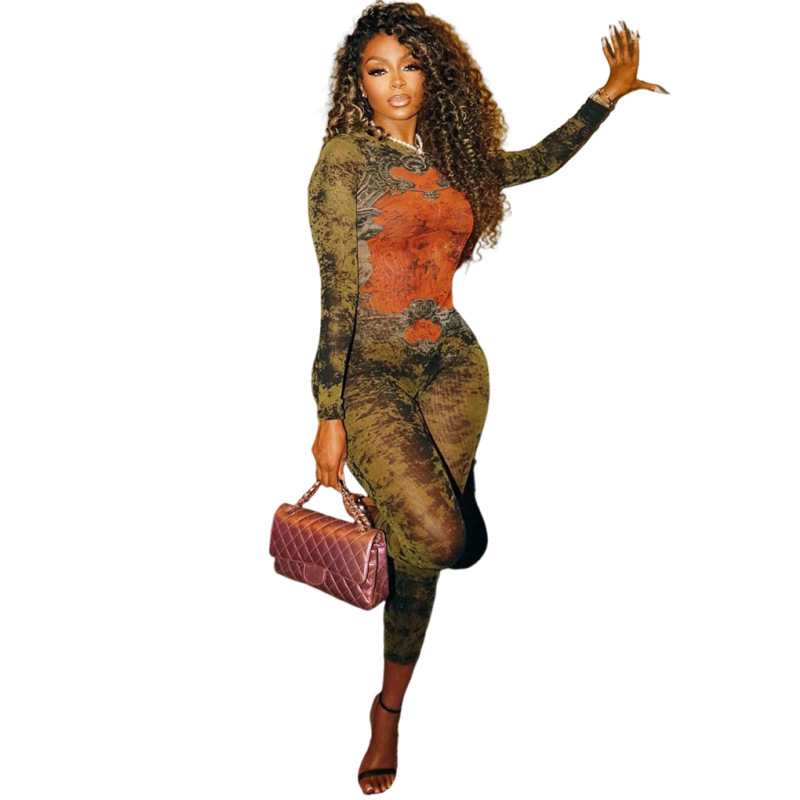 Women's Printed Sexy Mesh High Waist Slim-fit Zipper Long-sleeved Jumpsuit 6 Women's Printed Sexy Mesh High Waist Slim-fit Zipper Long-sleeved Jumpsuit - Image 6