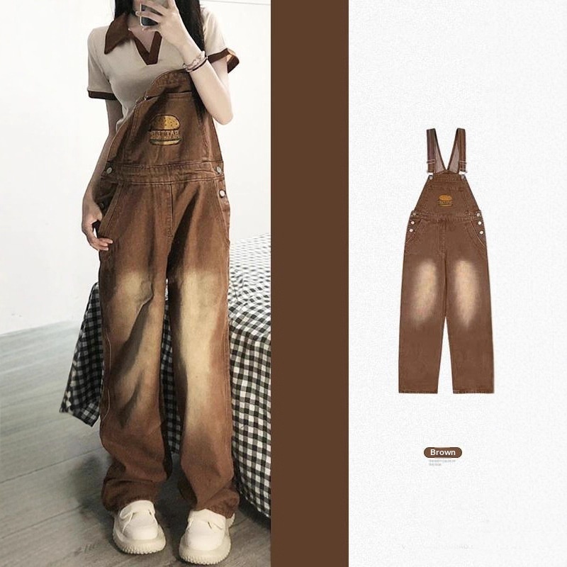 Youthful And Chic American-Style Burger Embroidery Denim Suspender Pants 3 Youthful And Chic American-Style Burger Embroidery Denim Suspender Pants - Image 3