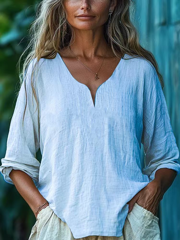 Casual Loose Fashion Cotton-Linen Long-Sleeve V-Neck Solid Color Top 3 Casual Loose Fashion Cotton-Linen Long-Sleeve V-Neck Solid Color Top - Image 3