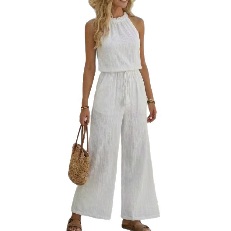 Tasseled Lace-up Pocketed Wide-leg Casual Jumpsuit For Women 2 Tasseled Lace-up Pocketed Wide-leg Casual Jumpsuit For Women - Image 2
