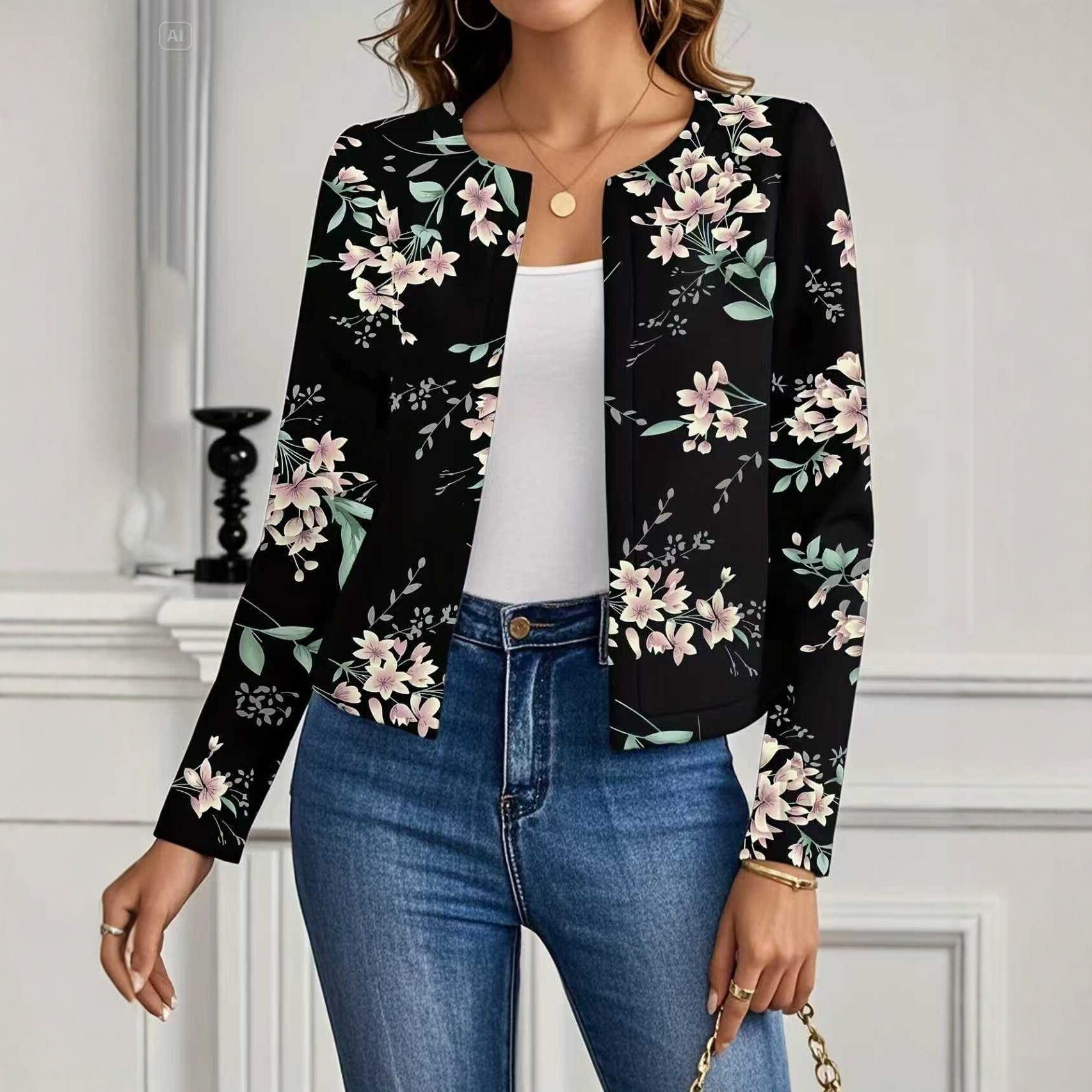 Women's Casual Crew-Neck Printed Short Long-Sleeve Jacket 3 Women's Casual Crew-Neck Printed Short Long-Sleeve Jacket - Image 3