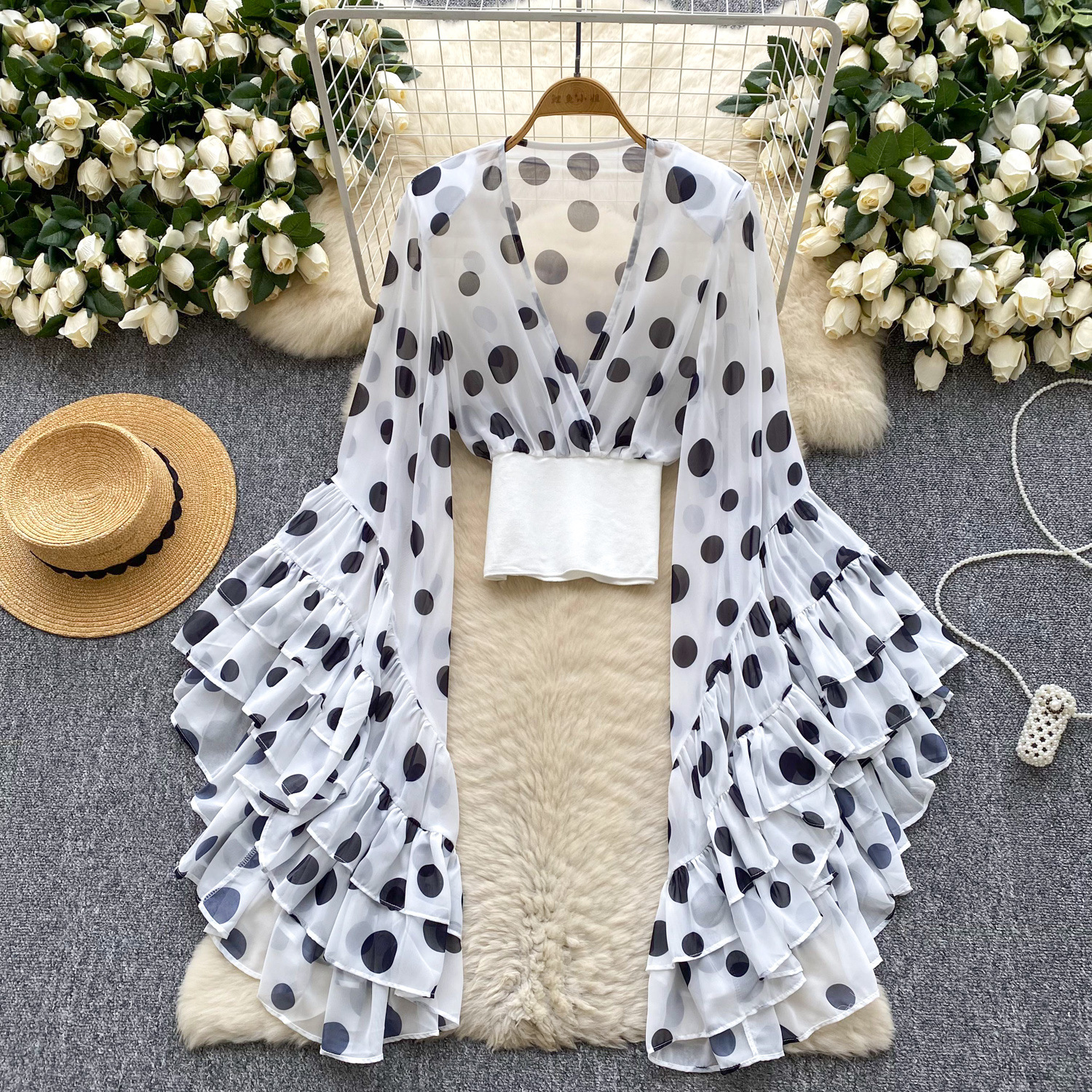 Sheer Cross V-Neck Waist-Cinched Flare-Sleeve Polka-Dot Top 1 Sheer Cross V-Neck Waist-Cinched Flare-Sleeve Polka-Dot Top