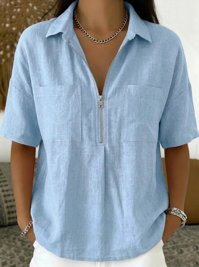 Loose-fit Lapel Short-sleeve Casual V-neck Zip-up Shirt 9 Loose-fit Lapel Short-sleeve Casual V-neck Zip-up Shirt - Image 9