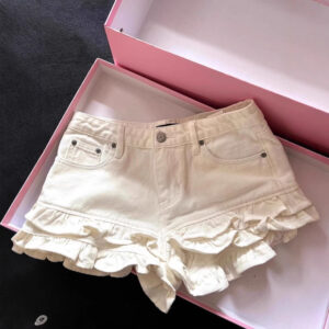 White Ruffled Panel Denim Shorts