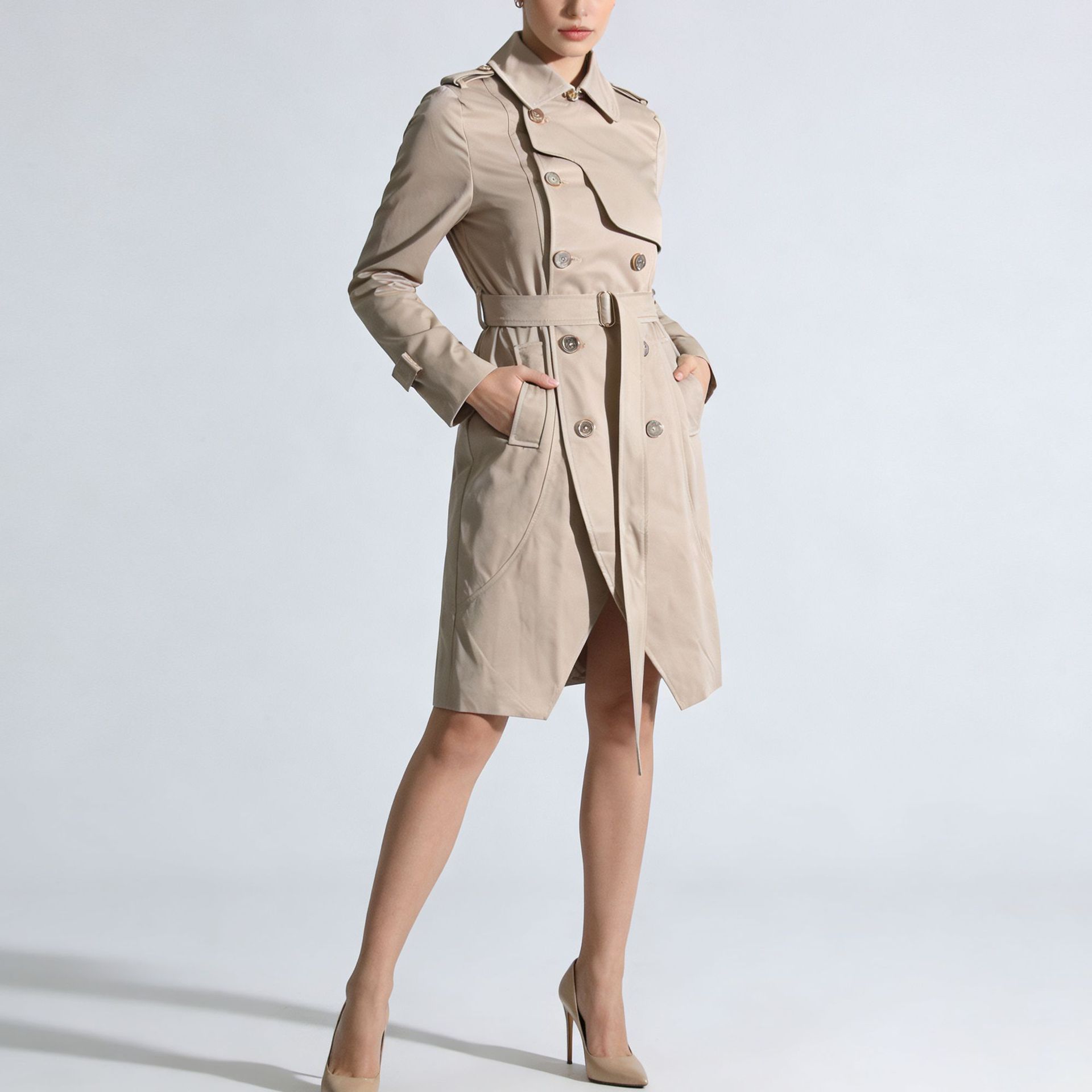 Womens Fashion Solid-Color Long-Sleeve Trench Coat With A Turn-Down Collar And Lace-Up Details 6 Womens Fashion Solid-Color Long-Sleeve Trench Coat With A Turn-Down Collar And Lace-Up Details - Image 6