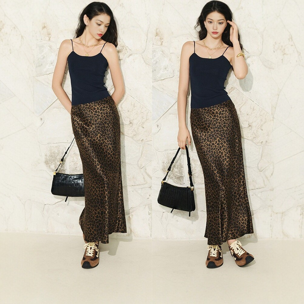 Copper-gold Leopard-print Plain Satin Faux-silk Midi Skirt 5 Copper-gold Leopard-print Plain Satin Faux-silk Midi Skirt - Image 5