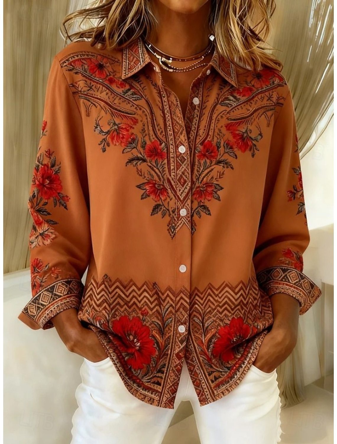 Loose-Fitting Long-Sleeve Lapel-Neck Printed Shirt 2 Loose-Fitting Long-Sleeve Lapel-Neck Printed Shirt - Image 2