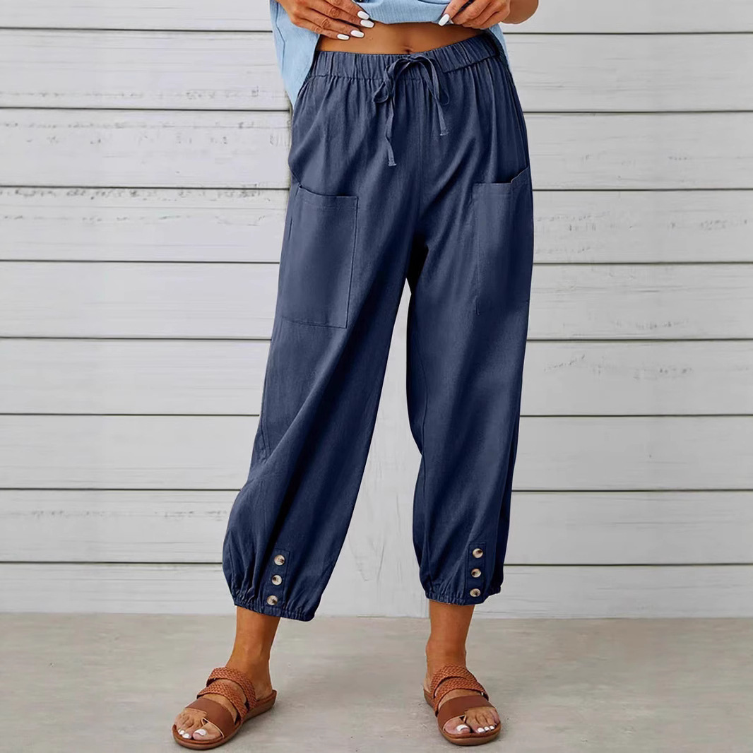 Buttoned Two-tone Linen Cropped Harem Pants 1 Buttoned Two-tone Linen Cropped Harem Pants