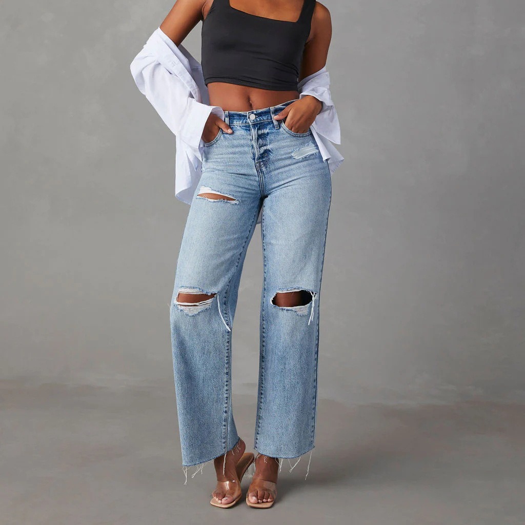 Ripped, Raw-Hem Denim Jeans Casual Washed Women's Straight-Leg Pants 1 Ripped, Raw-Hem Denim Jeans Casual Washed Women's Straight-Leg Pants