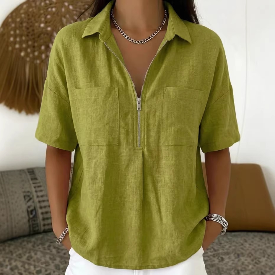 Loose-fit Lapel Short-sleeve Casual V-neck Zip-up Shirt 4 Loose-fit Lapel Short-sleeve Casual V-neck Zip-up Shirt - Image 4