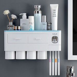 Toothbrush Holder Set – Magnetic Wall Rack with Storage Drawer & Toothpaste Squeezer