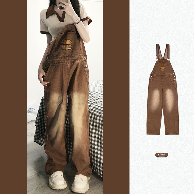 Youthful And Chic American-Style Burger Embroidery Denim Suspender Pants 2 Youthful And Chic American-Style Burger Embroidery Denim Suspender Pants - Image 2