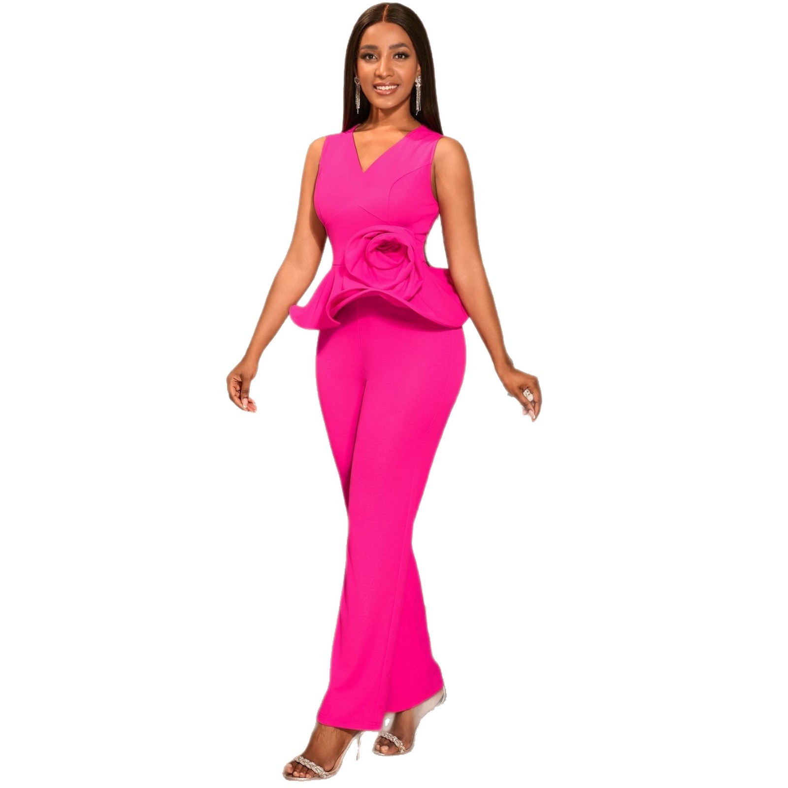 Three-dimensional Flower V-neck Sleeveless Top High Waist Fashion Straight-leg Pants 6 Three-dimensional Flower V-neck Sleeveless Top High Waist Fashion Straight-leg Pants - Image 6