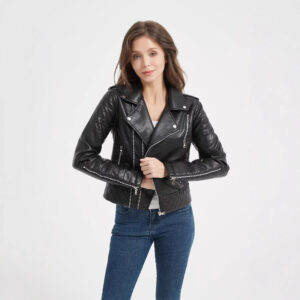 Turn-down Collar Motorcycle PU Leather Jacket Womens