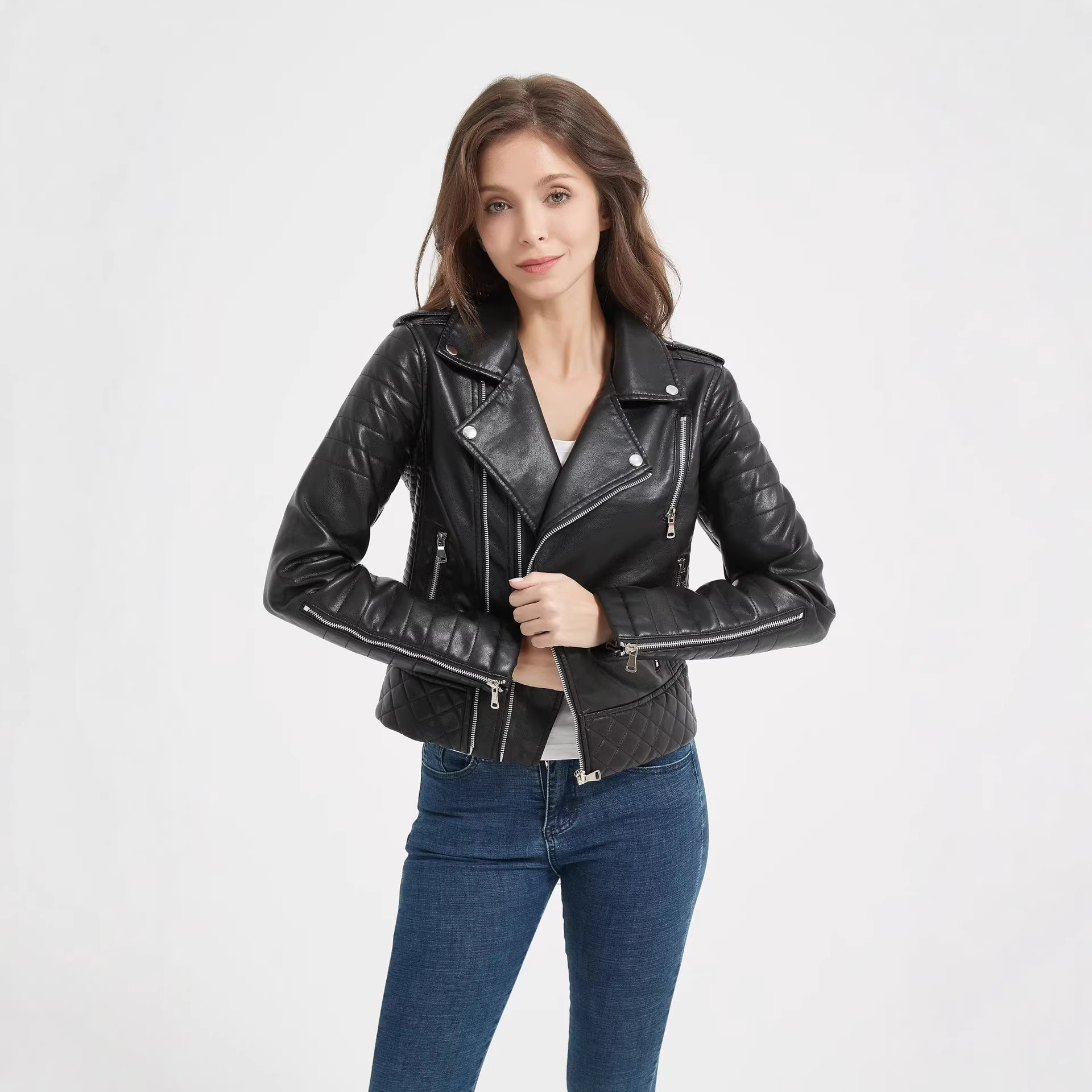 Turn-down Collar Motorcycle PU Leather Jacket Womens 1 Turn-down Collar Motorcycle PU Leather Jacket Womens