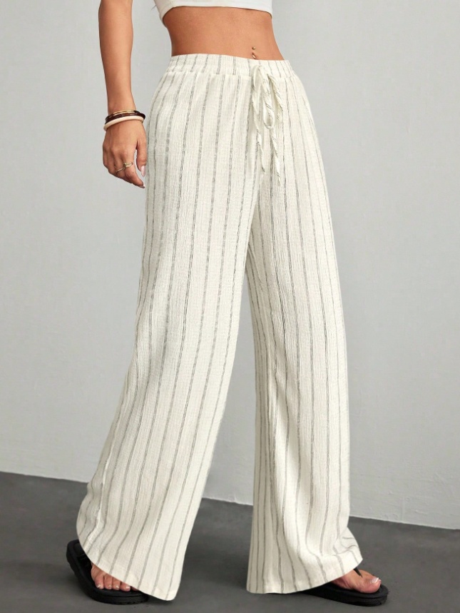 Textured Striped Wide-Leg Pants For Women, Elastic Waist Drawstring Casual Floor-Length Pants 2 Textured Striped Wide-Leg Pants For Women, Elastic Waist Drawstring Casual Floor-Length Pants - Image 2