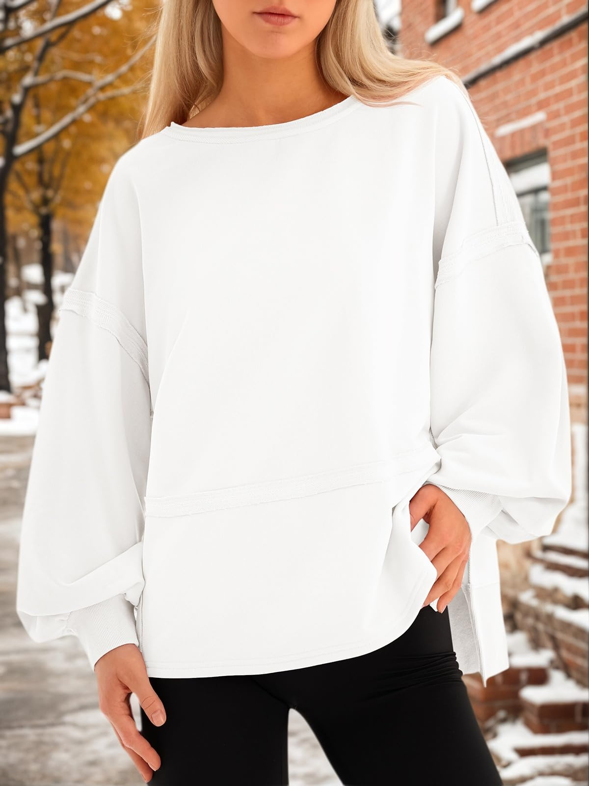 Fisoew Womens Casual Crewneck Sweatshirts Lantern Long Sleeve Side Slit Loose Sweatshirt Fall Crop Pullover Tops 3 Fisoew Womens Casual Crewneck Sweatshirts Lantern Long Sleeve Side Slit Loose Sweatshirt Fall Crop Pullover Tops - Image 3