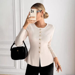 Elegant Knitted Crew Neck Sweater Tweed-Look Chanel-Inspired Pullover
