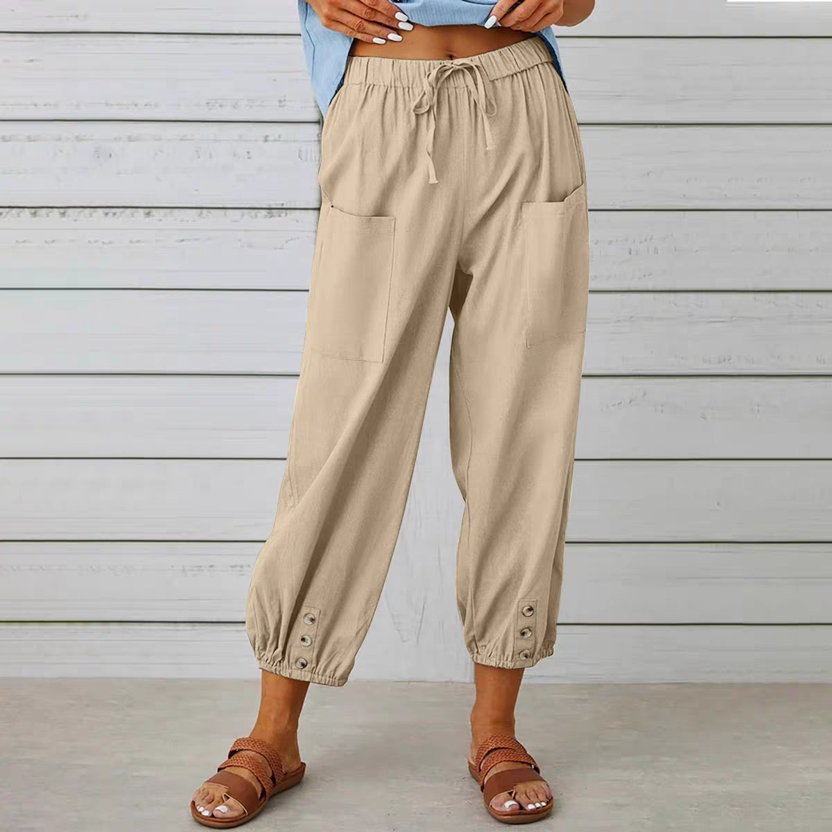 Buttoned Two-tone Linen Cropped Harem Pants 2 Buttoned Two-tone Linen Cropped Harem Pants - Image 2