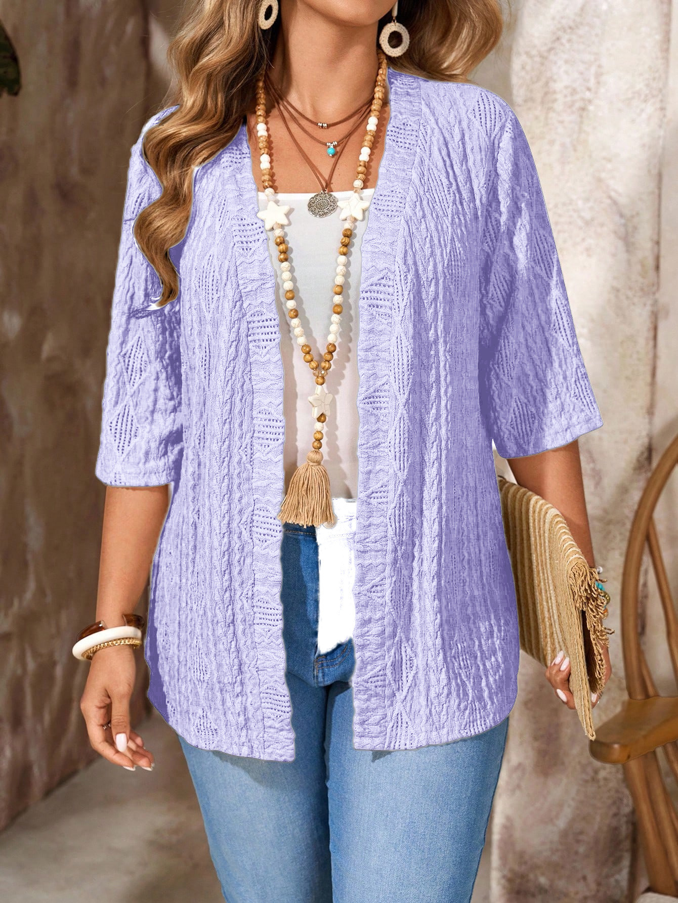 Women's Plus-Size Casual Hollow-Out Cardigan Solid-Colored Top 2 Women's Plus-Size Casual Hollow-Out Cardigan Solid-Colored Top - Image 2