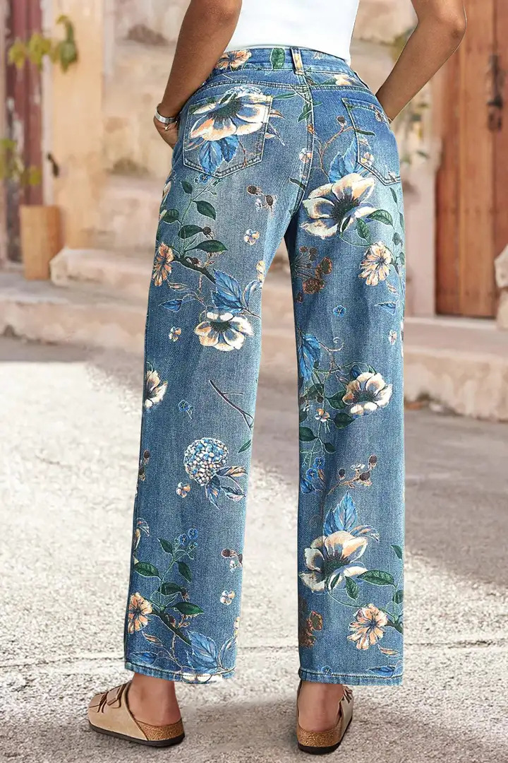 High Waist Straight Leg Jeans Vintage Floral Print Denim Pants 5 High Waist Straight Leg Jeans Vintage Floral Print Denim Pants - Image 5