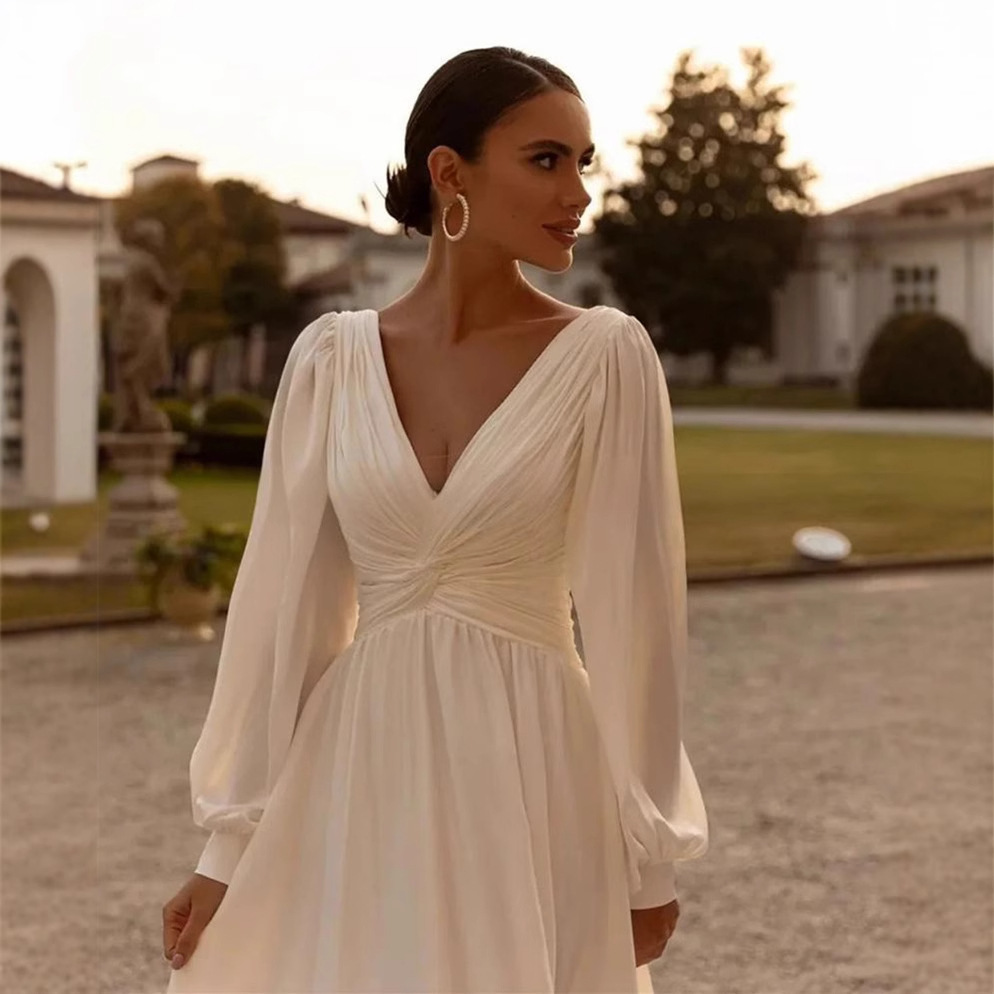Bridal Chiffon Deep V Satin Long Sleeve Light Yarn Gown 2 Bridal Chiffon Deep V Satin Long Sleeve Light Yarn Gown - Image 2