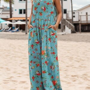 Summer Printed Casual Overalls Loose Wide Leg Jumpsuit Bohemian Floral Printed Loose Jumpsuit With Pocket