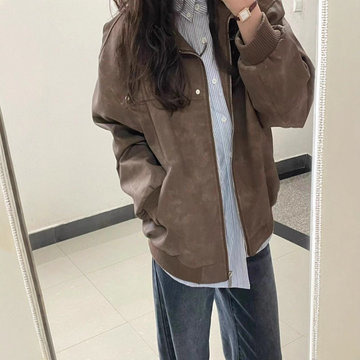 Retro Brown Square-Neck Coat Women's Spring Autumn Style 6 Retro Brown Square-Neck Coat Women's Spring Autumn Style - Image 6