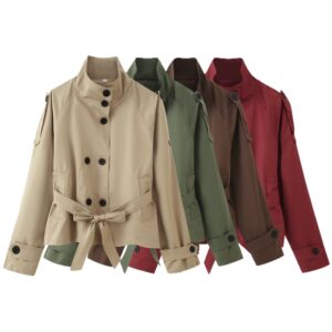 Stand-up Collar Double-breasted Belted Short Trench Coat