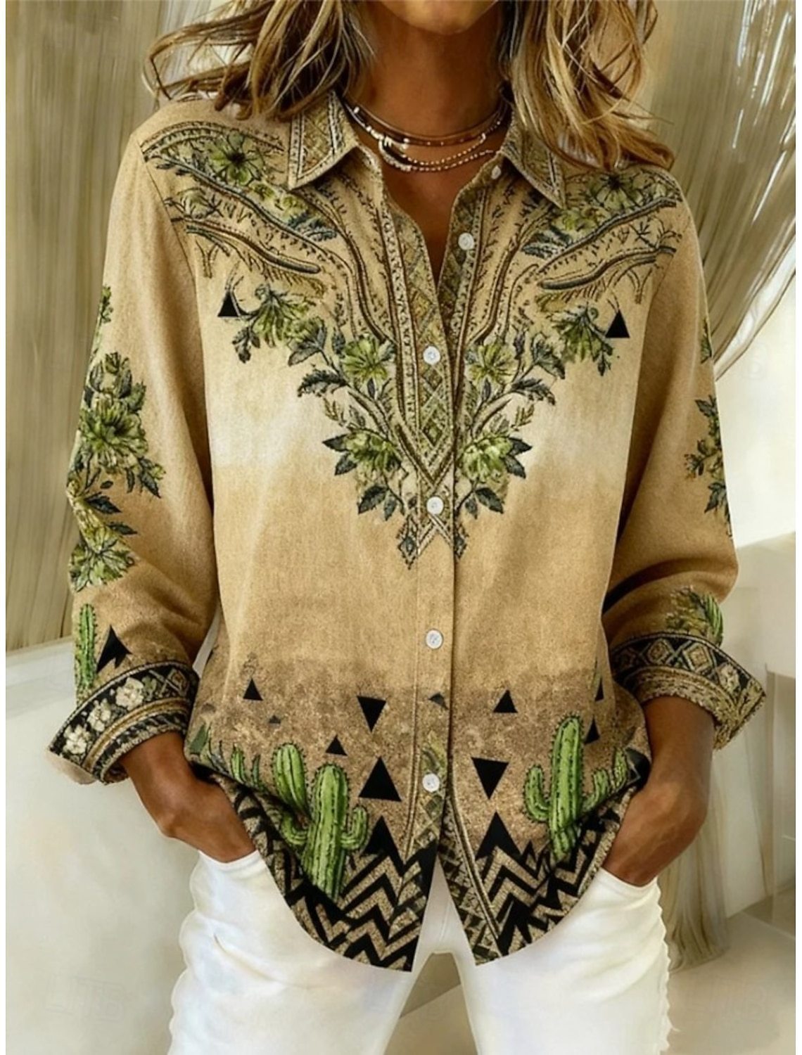 Loose-Fitting Long-Sleeve Lapel-Neck Printed Shirt 8 Loose-Fitting Long-Sleeve Lapel-Neck Printed Shirt - Image 8