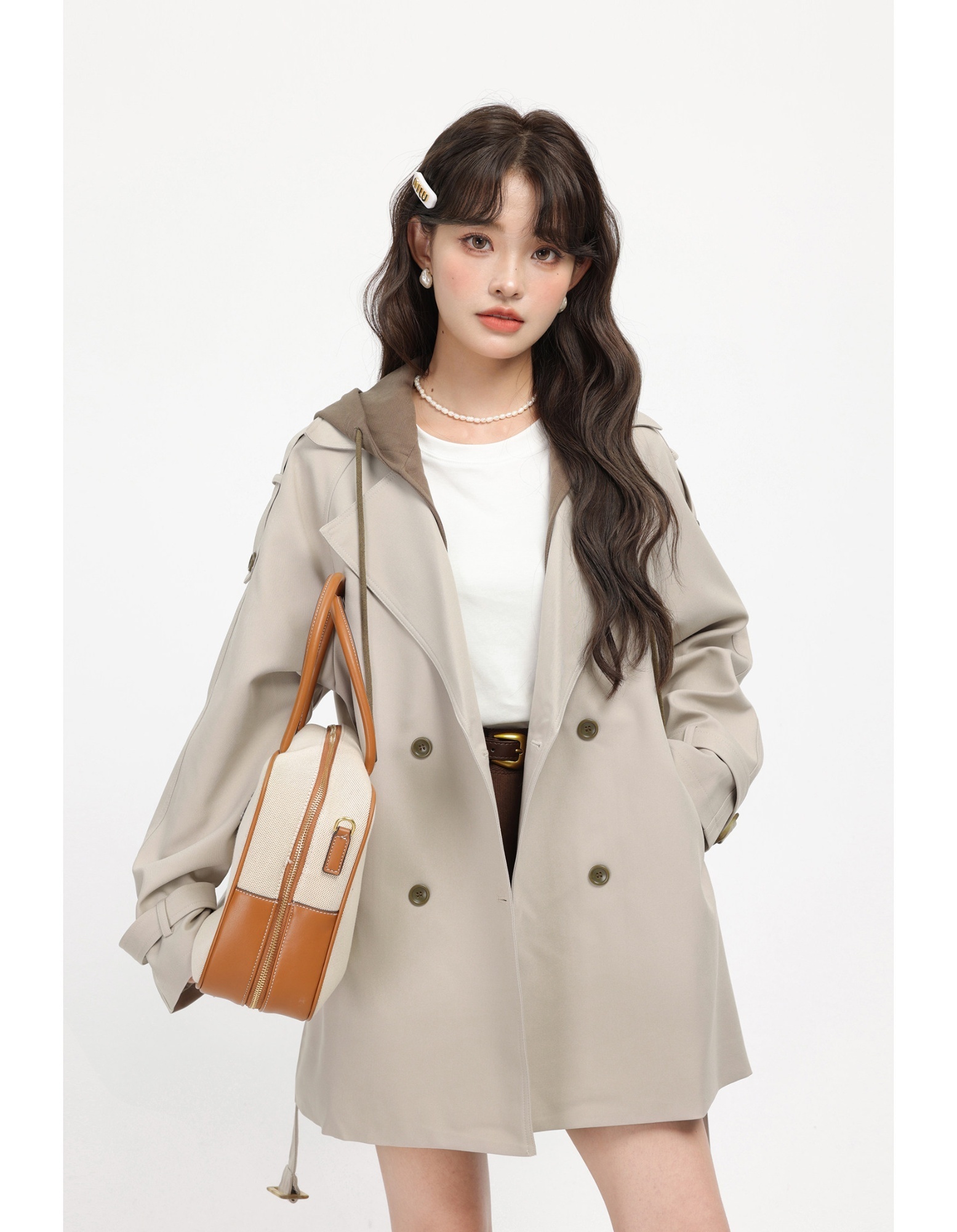 French Hepburn-style Faux Two-piece Hooded Trench Coat 5 French Hepburn-style Faux Two-piece Hooded Trench Coat - Image 5