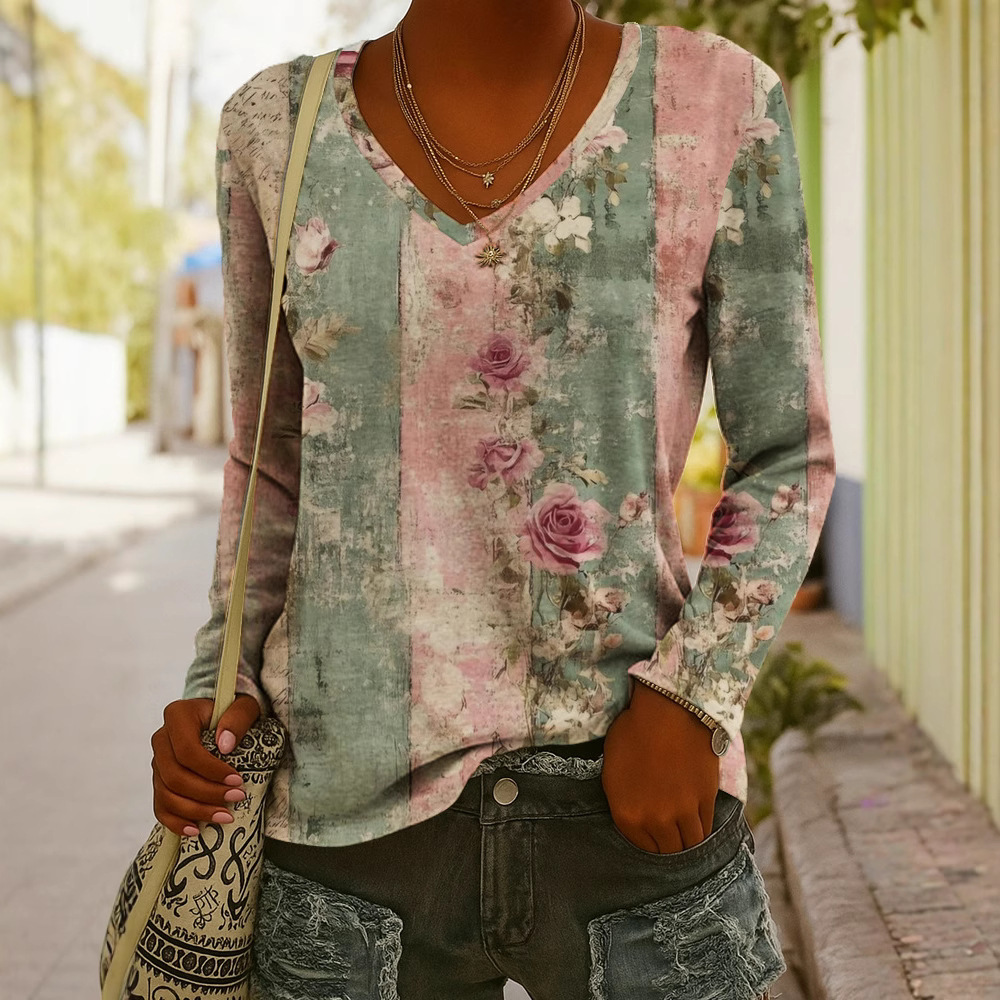 Fashionable Ethnic-Style Printed V-Neck Long-Sleeve T-Shirt 2 Fashionable Ethnic-Style Printed V-Neck Long-Sleeve T-Shirt - Image 2