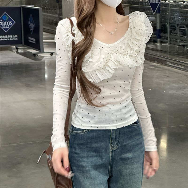 Slim-fit Polka-dot Lace Long-sleeve Shirt 5 Slim-fit Polka-dot Lace Long-sleeve Shirt - Image 5