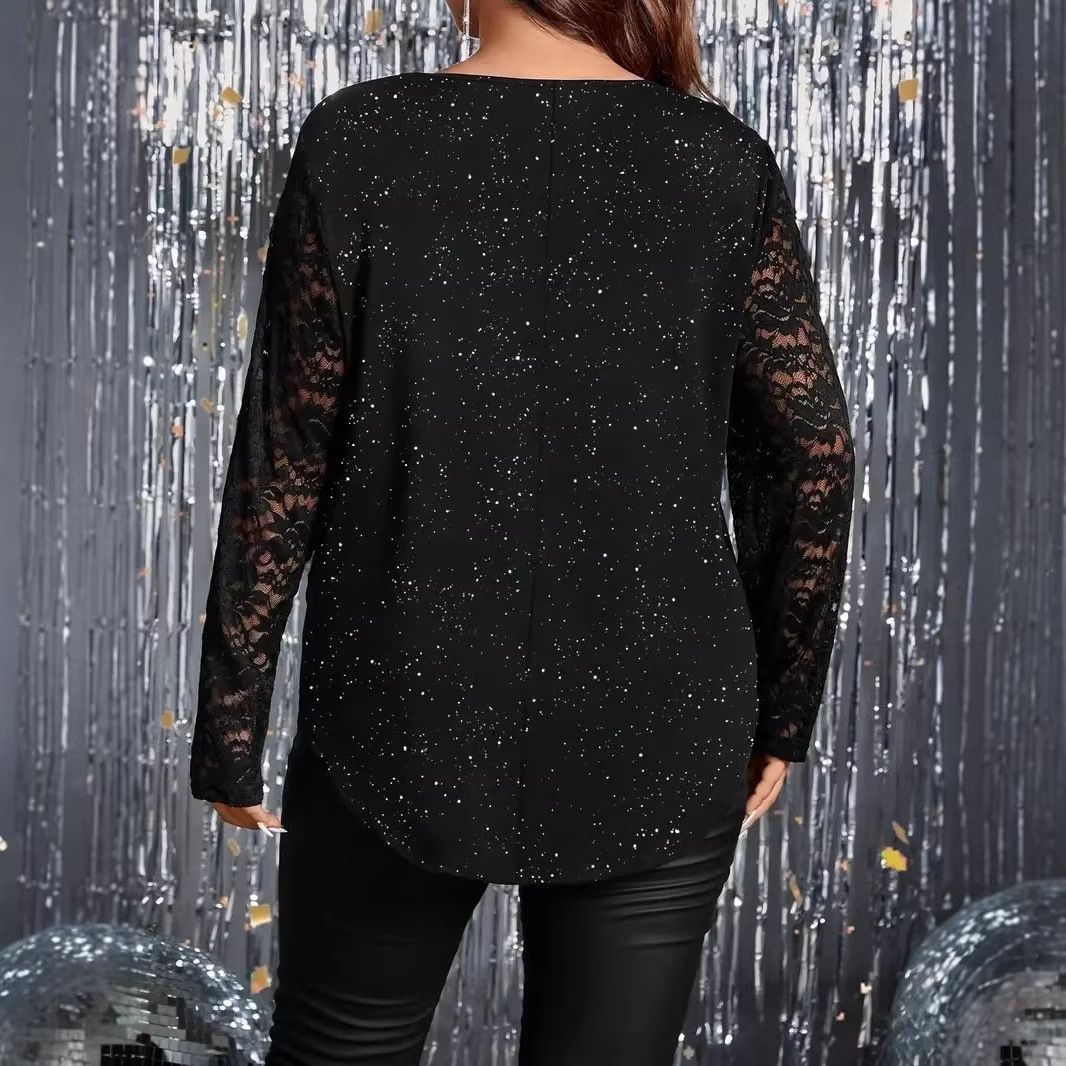 Loose Powder-Effect Elegant Lace V-Neck Long-Sleeve T-Shirt 5 Loose Powder-Effect Elegant Lace V-Neck Long-Sleeve T-Shirt - Image 5